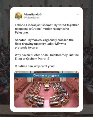 Adam Bandt Instagram - The Greens moved a motion in the Senate to recognise the state of Palestine. 

We could have joined 147 countries who already have, but Labor & the Liberals shamefully voted against it.

Senator Payman courageously crossed the floor to vote with us, showing up every Labor MP who pretends to care but doesn’t take action. 

We will not stop pushing for justice for Palestine, and for an end to the occupation, invasion and genocide.