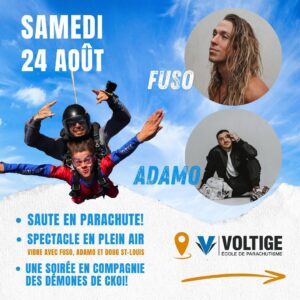 Adamo Marinacci Instagram - Oh oui! 🎉
Le 24 août, viens sauter avec nous chez @parachutevoltige et assiste au spectacle de @adamo.grosbig et @fusomusic directement sur place! 

Au menu:
- Prestation de cirque de @claudinelanglois 
- Boissons de @skrt_canada 
- Pogos véganes de @greenbrothers_aliments 
- Présence de @kimrusk et @joanieduquette de @ckoi969 

Aucun achat requis pour venir voir le spectacle. 

Merci infiniment à:
@parachutevoltige 
Québec Son Energie
@greenbrothers_aliments
@skrt 
@nik_segoya