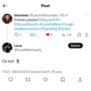 Adèle Castillon Instagram - « Ce soir » est sur @skyrockfm 🏆
Merci de continuer à faire tourner ce morceau !!! 

Avec un petit extrait d’un moment inoubliable à @solidays, c’était la folie !!!

Merci @gazo_officiel de m’avoir fait la surprise de venir sur scène 🫡❤️
Merci au public de connaître déjà aussi bien les paroles et d’avoir mis un énorme bordel, la tournée continue 🔥

🤝⚡️ @sherkovie @rollsroycephantom4 @simvicious 

🎥 @mario.roudil