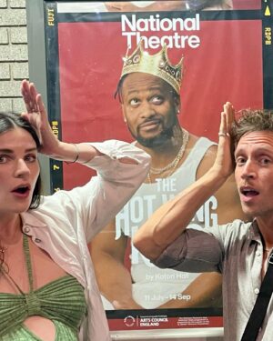 Aisling Bea Instagram - So incredibly proud of my bestie @kadiffkirwan who stars in HOT WING KING at The National Theatre alongside such a perfect cast with more chemistry than a science lab. Kadiff’s performance is so stunning, I almost gave birth watching HIS perfect delivery. 

GO SEE IT. We laughed, we cried, it is soooo excellent and you will end up on your feet wanting to jump on stage with everyone by the end. Tip - do not actually do that. 

* To avoid admin for ma cute lewk, my green dress was a second hand number from @therealreal an American second hand website & my shirt was an @oxfam number from an acting job I did & truthfully had a bird shit stain on the back which will not shift, so I’ve decided to reframe it as lucky.