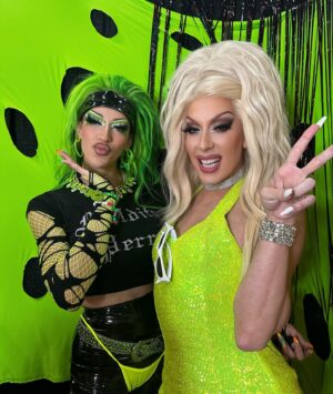Alaska Thunderfuck Instagram - I had an incredible time at @rupaulsdragcon this weekend; reuniting with so many of my sisters, pushing the casual apparel agenda and meeting so many of you 💚🩷

I would like to take a moment to express my gratitude to everyone who worked in the clouds at our booth, making it such an enjoyable experience 🩵☁️ 💙

These beautiful gowns were made by @michaelbrambila and my hair on day one was crafted by the amazingly talented @billylamour with flowers that I painted 🌺