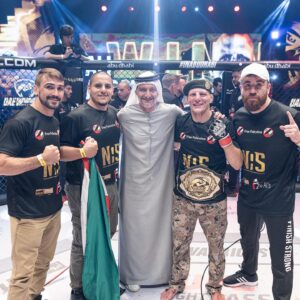 Ali Al-Qaisi Instagram - What a great memory to add to the books! Thank you so much to everyone was a part of this victory 🏆 Especially my wife, kids and family ❤️👨‍👩‍👧‍👦 
Continued thanks to➡️
▪️My Head coach and brother @troythefighterguy 🤝
▪️My brothers @naderqaisi @yaseen_combat and @fightsportsdeerfieldbeach team 
▪️My coaches @gesias & @danielmendes 
▪️My S&C team @ihpfit @jcsantanaihp @benji_vogel 
▪️My nutritional @powernutrition.e2p 
▪️My brothers and partners @ayman.sadieh @nasluxuryad for the best hospitality ever 🙌
▪️My big sponsor and supporter in both the good times and bad times. You’ve always been next to me and pushed me all the way to the top. My big brother @alex_frijat @zioals 
▪️My sponsor @meatmoot.uae 
▪️And last but definitely not least, a HUGE thank you to my @uae_warriors family and team🥷
The Royal Fighter👑
Free Palestine 🇵🇸 
Jordan first 🇯🇴