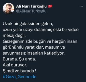 Ali Nuri Türkoğlu Instagram - Hergün yüzlerce vahşet görüntüleri, yardım çığlıkları düşüyor önümüze. 
Burada olup bitiyor herşey. 
Şimdi ve burada. 
Gözümüzün önünde yok ediliyor insanlık. Şimdi ve burada.
Akıl duruyor.
#Soykırım #gazzedesoykırımvar #filistindesoykırımvar 
#gazagenocide
#palestiniangenocide🇵🇸