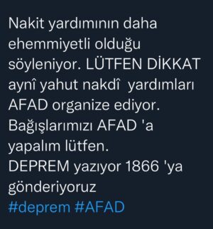 Ali Nuri Türkoğlu Instagram - Nakit yardımının daha ehemmiyetli olduğu söyleniyor. LÜTFEN DİKKAT aynî yahut nakdî  yardımları 
AFAD organize ediyor. Bağışlarımızı AFAD 'a yapalım lütfen.
DEPREM yazıyor 1866 'ya gönderiyoruz 
#deprem #AFAD