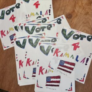 Amanda Palmer Instagram - Vote 4 Kamala. By Ash, age 8. 

We stayed up super late to watch the closing speeches of the DNC the other night. 

Ash was so tired he fell asleep during @kamalaharris’ speech, but he was transfixed by the speakers, especially the republican calling Trump a “weak” man, a statement Ash really fixated on, and starting asking about. Why?

I explained Trump’s childhood trauma and his need for control and power at all costs because of his mangled heart and fear-based attitude towards life. 

Ash asked if he could vote. 

We explained how it works. He was mad he couldn’t vote.

Then he asked what he COULD do. I told him he could try to convince adults to vote. So he asked if he could make a poster and hang it around town. My heart exploded that he thought of this himself. He knows how it’s done. 

He spent an hour yesterday drafting and designing this poster while I figured out where we could get some color copies made. 

This kid wants you to vote. 

Please vote. 

If you aren’t sure you’re registered or need guidance, go to @headcountorg. They’ll help you. 

Everybody. Please. Vote. 

♥️🔥🌈💜🇺🇸🎯🎉🎹🫡