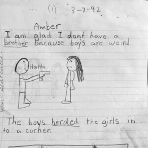 Amber Tamblyn Instagram - 9 year old Amber understood the (homework) assignment. 

#1992
#Weird
#ARumbling 
#MakeAngryBoysIntoBirdsAgain