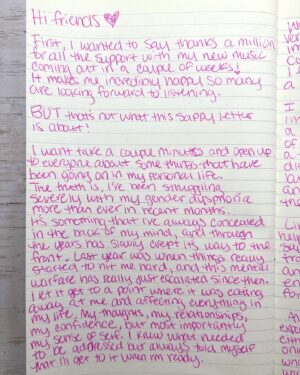 Amethyst Instagram - this journal entry hits a little different today 🩷🏳️‍⚧️
I missed being this happy. 🥹

fundraiser link in my bio. ♥