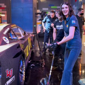 Amy Corbett Instagram - It’s almost the weekend, so let’s go behind the scenes of one of my fave episodes…Nascar! 🏎️🏁🏆
Such a fun one to make. Check out my LEGO Dots patches, designs customised to be totally on theme. And the awesome pit crew that showed us how to change a tyre in record speed!!! I was definitely not a natural, so I’ll leave it to the experts. What a great bunch! 
.
.
.
#legomasters #legomastersfox #legomastersusa #behindthescenes #behindthescenes🎬 #bts #lego #nascar #weekendvibes