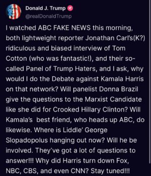 Ana Navarro Instagram - Let’s be clear. ABC reporters are consummate professionals and conduct themselves with integrity. This is not about them. This is Donald Trump running scared. If he pulls out of this debate, it’s for one reason only - fear of losing. #chicken 🐔

The American people deserve a debate between the two candidates competing to run our country.