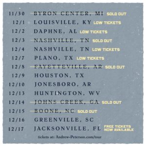 Andrew Peterson Instagram - The 2023 Behold the Lamb of God tour starts in 13 days! Tickets are selling quickly, so we hope you'll grab yours and join us on the road to celebrate the coming of Christ. Don't see a show you can make? We'd love for you to join us on the livestream on December 4th. Visit andrew-peterson.com/tour for tickets.
- Team AP