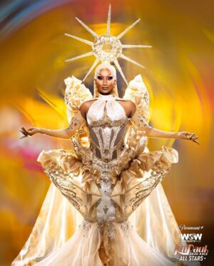 Angeria Paris VanMicheals Instagram - I’ve had so many people ask who is responsible for my gown and hair for the #allstars9 promo!! The gown was designed and constructed by the incredibly talented @howiebofficial and the hair was sculpted by the amazing @hair_by_koji_ichikawa!! The inspiration behind this look was goddess of light 🌟💫 daughter of the sun 🌞 and they both helped me achieve exactly that!!