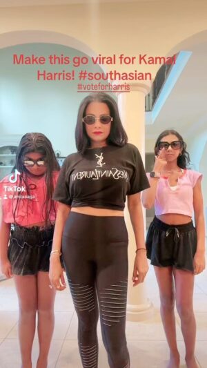 Anila Sajja Instagram - KAMALA HARRIS OUR SOUTH ASIAN AUNTIE FTW! 🙌🏾🇮🇳 @kamalaharris  @vp (missed the “A” in the video oops) @theestallion 
.
#my TIKTOK includes my daughter, me and my niece @aanyamathur04 
.
#voteforharris #makeitviral #viralpost #fyp #anilasajja #thesajjafamily #southasianinfluencer #tiktokdance #tiktokviral #viralvideos #viralreels