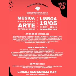 Antonio Villeroy Instagram - A Música Une! A Arte Salva! Juntos Somos Mais!

No domingo passado, durante 7 horas, vários artistas, artesãos, cozinheiros e outros profissionais, se reuniram em Lisboa em prol das vítimas das enchentes do RS.

Nesse carrossel, temos alguns momentos desse grande ato de solidariedade em que a música foi o fator aglutinador.

1. @couplecoffeeduo sob o olhar atento e admirado de Antonella, que, com 6 anos de idade, já percebe as qualidades da arte e os propósitos de estarmos unidos.
2. @edusantos que apresentou os artistas, como sempre fez em seus programas de rádio, e capitaneou essa produção a qual tive a honra de participar junto com o @samambaia.bar .
3. Paula Morelembaum @berimbaum e @fredmartinsmusic que desfiaram com maestria lindos clássicos da música brasileira.@
4. @carlavisi a quem tive o prazer de acompanhar no calor da hora, e fez galera dançar, como se estivéssemos em uma festa no Pelô..
5. @zerenatooficial que emocionou cantando suas canções e ainda puxou Felicidade do Lupicinio Rodrigues.
6. @bernardolobo.music e @taisreganelli , que fizeram marcantes apresentações solo, e também nos brindaram com um belo dueto.
7. @barbararodrix com sua imensa sensibilidade, suas canções de caminhos novos e inspiradores.
8. @jhondouglas que encantou e divertiu com suas músicas originais e letras com humor sutil.
9. @erika_machado que trouxe os ares de Minas, com graça, talento e uma voz de pura leveza.
10. A programação do evento, que ainda contou com os grandes talentos de @inesbispo99 , @jeankartabil , Radio Axé (Live PA), @bemqueremusic e @jessicasoveraldj na discotecagem.

Todos os artistas atuaram sem receber cachê. 

Durante as sete horas de evento circularam pelo Samambaia cerca de 500 pessoas, que fizeram doações diretas para entidades que estão na linha de frente, no RS prestando ajuda humanitária para as pessoas impactadas pela tragédia.

O lucro do @samambaia.bar , assim como dos feirantes foram todos destinados para as entudades, através de pix, PayPall e transferência direta por código seift e Iban.

Seguiremos com outras ações e doações.