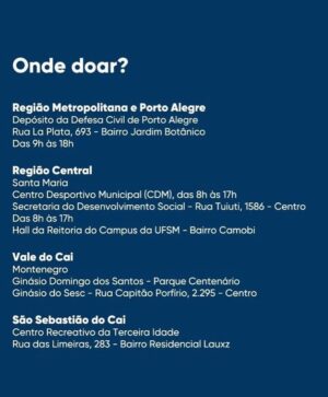 Antonio Villeroy Instagram - O RIO GRANDE DO SUL ESTÁ PASSANDO PELA MAIOR TRAGÉDIA DE SUA HISTÓRIA!

VEJAM COMO PODEMOS REALIZAR DOAÇÕES EM DINHEIRO, ROUPAS PESSOAIS, AGASALHOS, COLCHÕES, TRAVESSEIROS, ROUPAS DE CAMA, ALIMENTOS, PRODUTOS DE HIGIENE E ELETRODOMÉSTICOS.

TAMBÉM É IMPORTANTE MANTER UMA REDE DE COMUNICAÇÃO E DE APOIO.