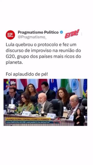 Antonio Villeroy Instagram - Sinto muito por quem não concorda e não percebe a importância desse discurso no G20, sendo aplaudido de pé pelo público presente e pelos líderes da nações mais importantes do planeta.

Eu não concordo com tudo o que o Lula faz ou diz. Critico quando discordo e quando me parece necessário criticar.

Mas ninguém pode negar sua envergadura política! O respeito que ele desperta no mundo inteiro. E a importância de se posicionar como fez nesse discurso.

Não sei se ele conhece a obra do Gilles Delleuze, mas ele reproduz uma das ideias do pensador francês, quando diz que temos que olhar para longe, para ver aqueles que não estão sendo assistidos, aqueles que não tem acesso à informação, aos bens necessários para sua sobrevivência e que nunca são ouvidos. 

É uma questão humanista que sempre reverberou dentro de mim. Por isso me sinto bem representado, quando o líder do meu país desempenha esse papel.