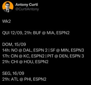 Antony Curti Instagram - Transmissões da #NFLnaESPN na Semana 1 e Semana 2. divulga com nois, vamo junto com tudo dominar o mundo com esse esporte incrível. 🧵🏈

Wk 1

QUI, 05/09: BAL @ KC, 21:20 - ESPN2
SEX, 06/09: GB x PHI, 21:15 - ESPN2

DOM, 08/09
14h: NE @ CIN, ESPN3 | JAX @ MIA, ESPN4
17h: DAL @ CLE, ESPN4 | LV @ LAC, ESPN3 
21h: LAR @ DET, ESPN 2

SEG, 09/09
21h NYJ @ SF - ESPN2 (League antes!)

Wk2

QUI 12/09, 21h: BUF @ MIA, ESPN2

DOM, 15/09
14h: NO @ DAL, ESPN 2 | SF @ MIN, ESPN3
17h: CIN @ KC, ESPN2 | PIT @ DEN, ESPN 3 
21h: CHI @ HOU, ESPN2

SEG, 16/09
21h: ATL @ PHI, ESPN2

Ainda, mais uma vez, haverá o NFL Red Zone aos domingos no Disney  . As transmissões dos canais lineares (2, 3, 4), também estão no Disney   (cheque seu pacote).

Semana NFL volta dia 26/08, no YouTube. SEG e SEX temos o ESPN League. 

ESPN, a casa da NFL no Brasil.