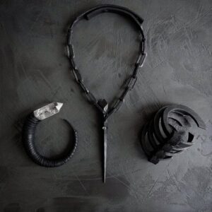 Anu Tera Instagram - • Single Spear Choker   Quartz Arm cuff • #anutera #darkfashion #avantgardefashion #blackjewelry #leatherjewelry #spear #blacksmithing #gothicstyle