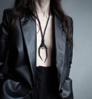 Anu Tera Instagram - • Herkimer & Iron Necklace • -20% • #anutera #darkfashion #leatherjewelry #herkimerdiamond #allblackoutfit #wearableart #talisman