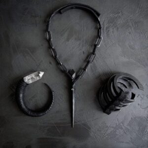 Anu Tera Instagram - • Single Spear Choker   Quartz Arm cuff • #anutera #darkfashion #avantgardefashion #blackjewelry #leatherjewelry #spear #blacksmithing #gothicstyle