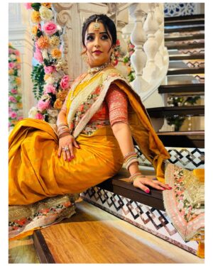 Apurva Nemlekar Instagram - .
❤️Saavni❤️
.
Make up - @manmeet_makeup_artist9201 
Hairstylist - @hairstylish_niki07 
Costume stylist - @shalmalee_t 
Pc - @manasi_rane_96 
Nail art - @londonnails2021 
.
Premachi Goshta @star_pravah
. 
#apurvanemlekar #saree #saavni💃 #premachigoshtonstarpravah #hazeleyes #orangesaree #haldiceremony #mehendi #nailart #eyesthatspeak #indiantraditionalwear #indianculture #incredibleindia #indianbeauty #wedding #weddingday #weddingseason #actorslife #shooting