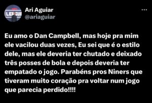 Ari Aguiar Instagram - Os niners vai jogar o super bowl contra os chiefs. Que coisa incrível a história do purdy também. Agora ele tem o Mahomes pela frente. Que jogo dos niners no segundo tempo.