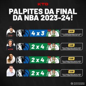 Ari Aguiar Instagram - 🔮 PALPITES DO NBA FINALS 🔮

Como é de costume, chamamos os nossos especialistas para palpitar nas finais da NBA! 🏀

Três foram de Celtics (e com o mesmo placar), já o @giovannoni12 caprichou na vitória dos Mavericks com Jogo 7! 😮

E você, não vai palpitar na NBA? Vem pra KTO, vem! 🤑

#kto #knowtheodds #nba