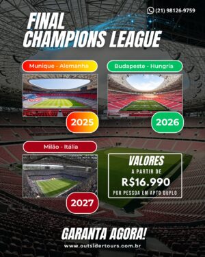 Ari Aguiar Instagram - Amanhã acontece a grande final da Champions League 2024 em Londres, e se você quer viver esse sonho, a Outsider Tours já tem pacotes com ingresso para as finais de 2025, 2026 e 2027 🎟️

Acesse o nosso site www.outsidertours.com.br ou entre em contato com os nossos atendentes via WhatsApp e garanta agora o seu pacote ✈️