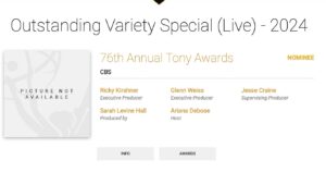 Ariana DeBose Instagram - The 76th Annual Tony Awards was nominated for an Emmy today! A whole host of people came together during the writer’s strike to find a solution for our show to go on. Never has a television special felt more alive in my opinion. Congratulations to @sarahlevinehall, @glenntv, @rickykirshner, @jesseyoungblood7, Jack Sussman and everyone who worked on the show! 

Congrats to Steve Bass, Aaron Black & Star Theodos for Outstanding Production Design, and Glenn Weiss for Outstanding Directing. 

And a huge congrats to @karlapunogarcia for Outstanding Choreography!!!! Especially proud and excited for her recognition. 

We’re so excited about this series of nominations given the extreme circumstances and monumental lift that it took to make live television during that time🤍