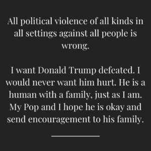Ashley Judd Instagram - I apologize deeply that the slide may be so easily misinterpreted. My feeling & value I am expressing is, “just because I don’t support a candidate doesn’t mean I would ever, ever want them, or anyone harmed.” I am so sorry it came out clumsily & that some misread my intention. I ask for your grace. 

Thank you, all, who are exercising the goodness of your humanity in this fraught moment.  I have also seen comments here that appalled me. I will not host such inappropriate incivility. Comments are off.