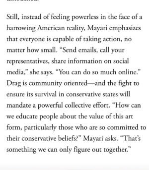 Aura Mayari Instagram - Did an interview with @vogue @elitewaste about the drag ban here in Tennessee. It’s disheartening to see our community being pulled back from the progress we have made the past years. Full article linked in my story.

Originally from Chicago, I moved to Nashville and lived here for two years now. This city changed my life and has allowed me to do what I was supposed to do from the beginning, to be an artist. And this is the happiest I’ve been for the longest time. People always asked why I would move to a conservative state, and it seems like I have an answer for that now.