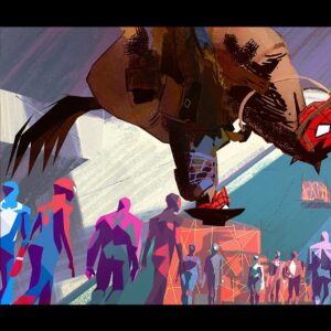 Aurélien Predal Instagram - Meet the Web-Slinger #acrossthespiderverse color key - Nueva York 2099 HQ triangle door.

With so many characters in the frame it’s always tricky to get a good hierarchy of the visual information. On that one I had to carefully balance the value composition to get a good read on Miles and the main characters without all the crowd distracting too much.

(For more Web-Slinger check out @mike.mccain.art ! ) 

#spidermanacrossthespiderverse #spiderversemovie #milesmorales #hoboebrown #spiderpunk #gwenstacy #nuevayork #websliger #jessicadrew