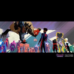 Aurélien Predal Instagram - Meet the Web-Slinger #acrossthespiderverse color key - Nueva York 2099 HQ triangle door.

With so many characters in the frame it’s always tricky to get a good hierarchy of the visual information. On that one I had to carefully balance the value composition to get a good read on Miles and the main characters without all the crowd distracting too much.

(For more Web-Slinger check out @mike.mccain.art ! ) 

#spidermanacrossthespiderverse #spiderversemovie #milesmorales #hoboebrown #spiderpunk #gwenstacy #nuevayork #websliger #jessicadrew