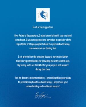 Barry Sanders Instagram - 1st, I can't thank family, friends, & fans enough. The outpouring of love & support over the past month has been incredibly humbling. 

I have been cleared to return to my normal activities & my next stop is Cleveland on 7/27 at the 
@nsccshow #schwartzsports 
 
Let's all use this scare to prioritize our health. 
 
@detroitlionsnfl 
@nfl 
@nflpa 

I am trying to keep up on fan mail - this is still the best way to contact me - https://tinyurl.com/4dszkfas