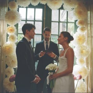Barton Cowperthwaite Instagram - We were married in the Solarium next to the Piano Bar at the Hotel Chelsea. Choosing the Chelsea was an easy decision. It’s iconic, filled with art and history. I grew up on 22nd between 5th and 6th, and remember it in its late 90’s crumbling glory. The Solarium, small and perfect for our 35 guests, has a beautiful skylight running the length of the room. Decorated with plants and greenery, it was perfect as it was, requiring minimal decoration.

Our best friend Sammy (Bart’s best friend since birth) who knows us as individuals and as a couple better than anyone else, officiated the ceremony. It felt comfortable, relaxed, and unfussy. Our violinist played as we each walked down the aisle with our parents. The three of us stood in front of an arch I constructed from wooden dowels, tissue paper flowers from Etsy, Velcro, and hot glue. We were flanked by two bunches of my favorite Allium flowers. We each took a long moment to take in the space before our vows. We wanted to be as present as possible. 

After the ceremony, we had a champagne toast, and Bart’s brothers each said a few words. Our guests stayed for a cocktail hour while we left to do photos in our room. We left the Hotel Chelsea and went to the West Village with our photographers. Standing on a corner next to a tipped-over trash can for 15 minutes, trying to hail a cab, we were met with honks and cheers. It was a quintessential New York moment, a reminder that the city stops for no one.

We walked around the West Village, taking photos at all our favorite neighborhood spots. We stopped by Grove Apothecary to see our pharmacists, who have always taken such good care of us. We visited the Jane laundromat, where Bart has made friends with everyone who works there. We were all heartbroken when he got sick, but no one was as crushed as our friends at the laundromat. We dropped in at Casa Magazines, where Bart buys copies of the magazines he’s published in. This community is a part of our everyday lives. They’ve made our New York City feel like a close knit small town. Their kindness and care got us to the other side of a terrifying time, and we wanted to share a piece of the other side with them.
