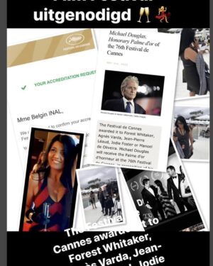 Belgin Inal Instagram - Uitgenodigd 🎥 Heerlijk alweer 🥂 tussen de grote namen op de gala van zoals Johnny Depp. Michael Douglas…
Leonardo DiCaprio 
Robert de Niro
“The Festival de Cannes awarded it to Forest Whitaker, Agnès Varda, Jean-Pierre Léaud, Jodie Foster or Manoel de Oliveira, Michael Douglas”