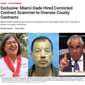 Billy Corben Instagram - Miami-Dade County Mayor Daniella Levine Cava and her corrupt and incompetent Chief Operating Officer Jimmy Morales hired a fraudster and money launderer who spent nearly 12 years in prison for embezzling taxpayer money from public contracts to oversee county contracts — and promoted him! #BecauseMiami

According to Miami New Times, Christopher Kovanes was arrested in November 2005 for embezzling almost $500,000 while working as a town administrator in the Broward town of Davie by “awarding town contracts to phony companies he set up and pocketing the money.”

He pleaded guilty to felony fraud and money laundering and was sentenced to 12 years in prison, then probation until 2029.

Three years after his release, in March 2022, he was hired as a part-time PortMiami passenger safety officer. Six months later, he was promoted to the Miami-Dade Department of Transportation & Public Works as an administrative officer, tasked with overseeing department contracts and preparing bid proposals!

A scathing Miami-Dade County Office of the Inspector General report says the county failed to do a criminal background check, vet his resume, which was filled with “sham references” and lies (including phony work experience that would’ve occurred DURING THE TIME OF HIS INCARCERATION), or even bother to Google him.

They also failed to “properly evaluate his criminal history prior to his promotion — a blunder that allowed him to advance to a role where he had access to sensitive financial information, which the OIG notes is “a direct correlation to his criminal history.’”

After the OIG investigation, he was terminated for lying on his original application, but they concluded “that Miami-Dade County had ‘no formal policy or procedure’ requiring departments to review employees’ criminal history when they change job positions or transfer departments.”