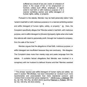 Billy Corben Instagram - #BREAKING: Florida Appeals Court DENIES disgraced fired Miami city attorney/mob lawyer “Tricky” Vicky Mendez’s motion to dismiss fraud case against her for allegedly exploiting her public position to help her husband’s house flipping hustle that reportedly preys on sick elderly homeowners to force them out of their homes, purchase them below market value (in some cases before they’re ever listed publicly), and then sell for huge profits (sometimes within days) #BecauseMiami

The Third District Court of Appeal agreed with the lower court that the plaintiff Jose R. Alvarez’s “Complaint contains sufficient allegations to survive a motion to dismiss asserting sovereign immunity.” 

The Complaint specifically alleges that “Mendez acted in bad faith, with malicious purpose, and in willful disregard to [Alvarez’s] property rights when she made this referral with intent to personally profit, through her husband’s company, from the sale of [Alvarez’s dead mother’s] home.”

“The Complaint does more than merely copy and paste language from the statute. It contains factual allegations that Mendez was involved in a conspiracy with her husband to defraud Alvarez...”

“Because the Complaint sufficiently alleges that Mendez acted in bad faith or with malicious purpose or in a manner exhibiting wanton and willful disregard of Alvarez’s property, we affirm the trial court’s order denying Mendez’s motion to dismiss.”
