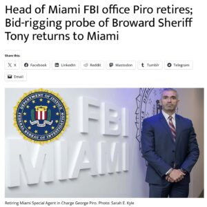 Billy Corben Instagram - According to Florida Bulldog, a few months after Tony promoted Reyes to colonel in 2019, Reyes greenlit the “purchase of ‘Stop the Bleed’ stations and bleeding control kits from North American Rescue, a company where Tony previously worked and later peddled its products out of his own company.”

North American got a $392,386 contract that mysteriously became $500,000 and then Reyes got a memo requesting his approval “in the amount of $750,000. Reyes approved the deal the next day, apparently no questions asked about how a $392,386 purchase had swelled so much.”

In June 2022, Miami FBI chief and Tony pal George Piro was forced to retire after a complaint alleged he helped cover up the bid rigging scandal by improperly transferring the criminal investigation out of state to South Carolina. “The case returned to Miami — but word later got out that the investigation had ended again, for reasons unknown.”

Reyes is the unqualified Miami-Dade sheriff’s candidate endorsed by Mayor Levine Cava, who desperately promoted him to county public safety chief in order to beef up his law enforcement credentials after her endorsed candidate, former Miami-Dade Police Director Freddy Ramirez shot his own eye out while attempting to commit suicide during an argument with his wife last year.

Tony donated $50,000 from his political committee to Reyes’ political committee, “the largest received by Reyes tied with another $50,000 from Miami-Dade Mayor Daniella Levine-Cava’s PAC.”

Tony’s wealthy donors, including convicted felon and Broward Sheriff’s Advisory Council member Lewis Stahl have “kicked in an additional $69,000. Plus contributions of more than $11,000 from BSO brass have pushed the total from Tony’s associates to more than $129,000 – over 25% of the Reyes PAC’s entire reported haul to date of $504,000.”

Tony “awaits a final determination from Florida’s Criminal Justice Standards and Training Commission on whether to revoke his license to be a cop for lying and yet another hearing before an administrative judge in Tallahassee.”