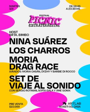 Bimbo Godoy Instagram - Reservate el día: el 3 de septiembre hay Festival Picnic Extraterrestre en @artlabpro 🪩👽

Nos encontramos para disfrutar de este tremendo line-up:
⚡️Shows en vivo de @ninasuarezb y @loscharrosoficial 
💋Moria Drag Race con @moria_laone, @_dyhzy y @barbiedirocco como juradxs
🔊Dj set de Viaje al Sonido con @sergiorotman, @socastiglione y @jimenagonik
Host: @srtabimbo.❤️

¡Corré a sacar la entrada y no te pierdas la primera preventa! 💋 Link en la bio.
