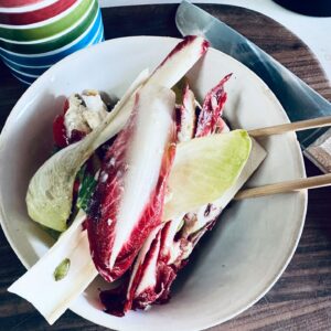 Boy George Instagram - Breakfast salad. Red and white chicory, walnuts, pumpkin seeds, plum tomatos, parsley, goat cheese, olive oil, mustard and apple cider vinegar dressing. Sprinkle @maldonsalt great for type O blood types!
