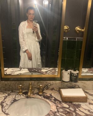 Britne Oldford Instagram - Volume III • This was taken on my birthday. I decided to wear white and gold. 

The tiles in this bathroom are excellent. Love a gold accent as well. I actually took another photo in a different bathroom in the same outfit later in the day. Yes, the other bathroom photo will be posted at a later date. No, it is not currently my birthday. Today is my merry unbirthday, thank you very much. Birthday birthday birthday… now the word is weird. I did this to myself..