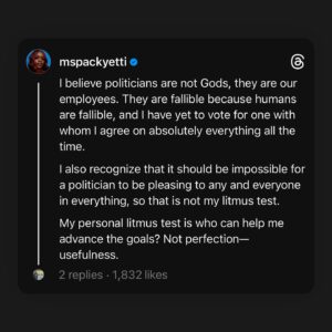 Brittany Packnett Instagram - this I believe, #election edition.

late post but relevant: many things are true this election. and plenty of people are telling you what to do, say and believe. I promise to do my best to use I statements and be transparent when I use them. 

this is what I had the day I posted it, and what I still got today. 

98 days. Let’s go.
