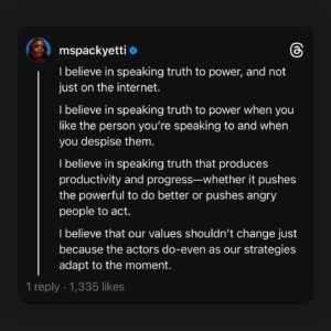 Brittany Packnett Instagram - this I believe, #election edition.

late post but relevant: many things are true this election. and plenty of people are telling you what to do, say and believe. I promise to do my best to use I statements and be transparent when I use them. 

this is what I had the day I posted it, and what I still got today. 

98 days. Let’s go.