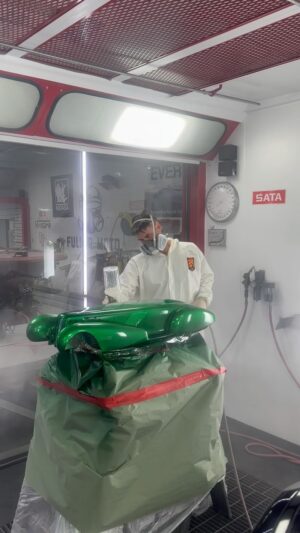 Bryan Fuller Instagram - Sanding is hard but putting that gorgeous finish on with this perfect #sataspraygun makes it all worth it!  Come see it @ameliaconcoursofficial next weekend.  #satajet #fullermoto #evercoat #indasausa #indasa #satabydanam #custompaint #candypaint #lowriderpaint #scalemodel #ameliaconcours #theamelia