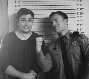 Burkely Duffield Instagram - A not-so-serious mug shot with Sheriff Dayton #policestationhangout #iminnocentiswear #😬