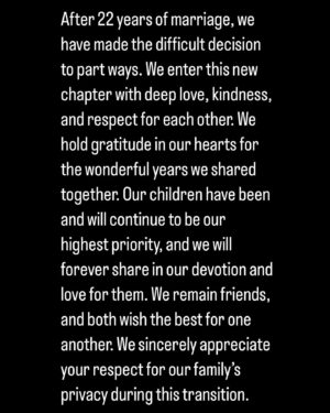 Cameron Mathison Instagram - After 22 years of marriage, we have made the difficult decision to part ways.  We enter this new chapter with deep love, kindness, and respect for each other. We hold gratitude in our hearts for the wonderful years we shared together.  Our children have been and will continue to be our highest priority, and we will forever share in our devotion and love for them. We remain friends, and both wish the best for one another. We sincerely appreciate your respect for our family’s privacy during this transition.