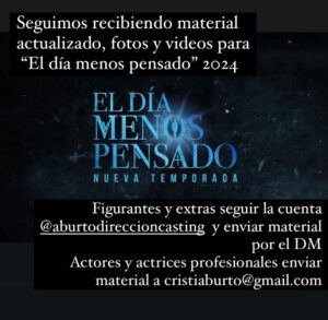 Carlos Pinto Instagram - Quieres formar parte de nuestros elencos?
Figurantes y extras seguir la cuenta @aburtodireccioncasting y enviar material
por el DM
Actores y actrices profesionales enviar material a cristiaburto@gmail.com