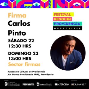 Carlos Pinto Instagram - Hola amigos, excelente noticia!!! 🤓📚 El próximo fin de semana, sábado 22 y domingo 23 de abril se realizará el FESTIVAL PENGUIN PROVIDENCIA para conmemorar en dos festivas jornadas el Día Internacional del Libro.
Habrán presentaciones, charlas, conversaciones, firmas de autores y muchas sorpresas para grandes y chicos. 
Yo estaré firmando libros el sábado desde las 12:30 hrs y el domingo desde las 13:00 hrs. Pueden llevar sus libros y si quieren comprarlo, estarán a la venta con un 23% de descuento. 

Ya saben, la invitación es para todos, con entrada liberada, en el Palacio Schacht, sede de la Fundación Cultural de Providencia.  Av. Nueva providencia 1995, esquina Pedro de Valdivia, Providencia. 
Los espero!!! #muchoxleer 

@muniprovi @culturaprovidencia @penguinlibroscl @daniel_olave_m @lore_palavecino