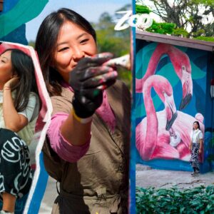 Carol Wang Instagram - Arte da família de Flamingos , eles nascem cinzinhas e ficam cor de rosa 💕🦩🥹🎨 e tem varios aqui no @zoosaopaulo 
.
.

#flamingo #mural #graffiti #pintura #desenho #artes