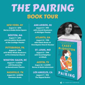 Casey McQuiston Instagram - 🍊🥐🦪🍾✨THE PAIRING ON TOURRRR✨🥖🍕🫒🦀

delighted to be touring for my book about a food tour! i’ve had so many dreams for this, literally my first time touring an adult romance novel in the physical world in five entire years (!!!), and i cannot wait for all of you to join me in TEN cities across the US! all events are ticketed with a signed copy of THE PAIRING (and some additional surprises TBA). you can find individual event links in my stories/highlights!

some notes:

- i specifically asked to tour in cities/states i haven’t visited before, especially in the south and midwest, and i’m so excited to meet readers in those places for the first time!
- we are turning looks this tour so please begin moodboarding… more on that soon 😘
- if your city isn’t in this lineup, you might be pleasantly surprised later this year
- please reach out to your bookstore for any questions/issues with ticketing!

sluts forever xoxoxoxoxo